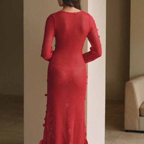 Red Elegant Women's Sequined Crochet Long-Sleeve Dress - Picture 2 of 7